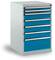 Ein Werkzeugschrank mit sieben blauen Schubladen. Die oberste Schublade ist leicht geöffnet. Der Korpus des Schranks ist weiß.