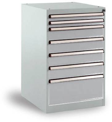 Metallschrank mit sieben Schubladen, ideal zur Aufbewahrung von Werkzeugen in einer Werkstatt oder Garage.