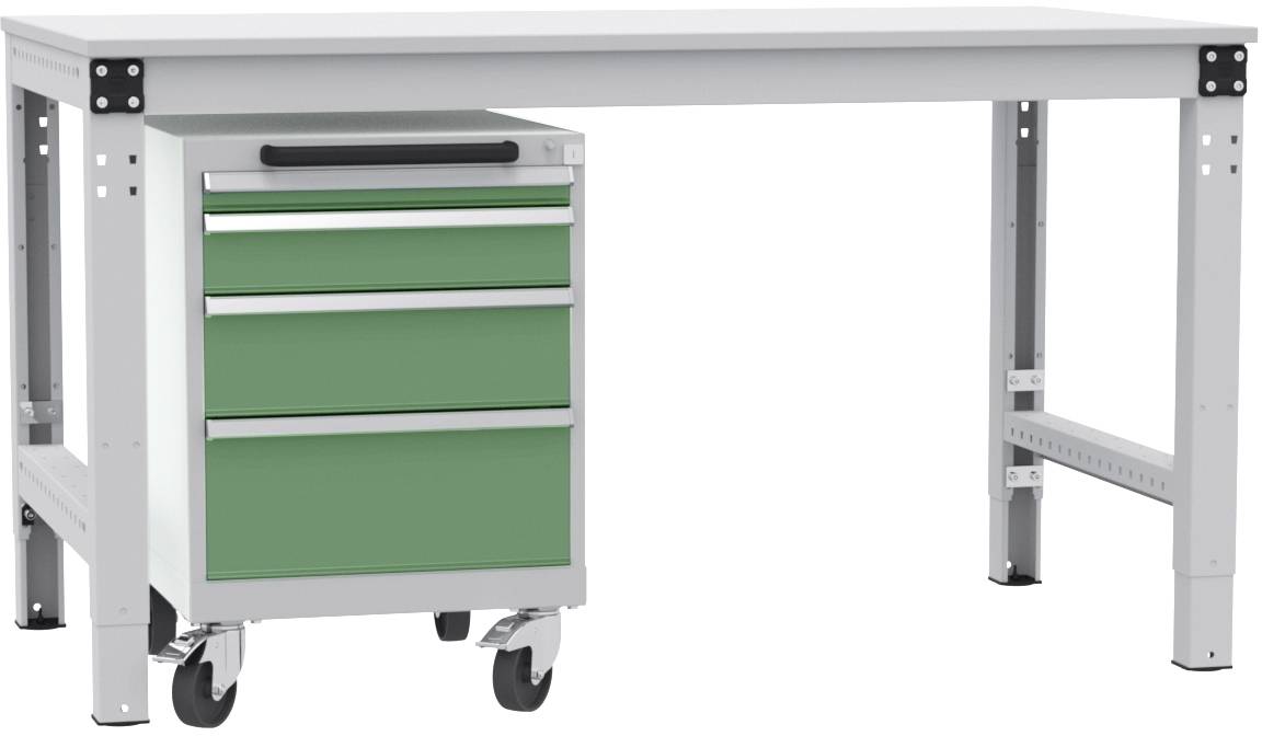 Ein stabiler Werkstatt-Tisch mit einem grünen, mobilen Schrank mit drei Schubladen unten links.