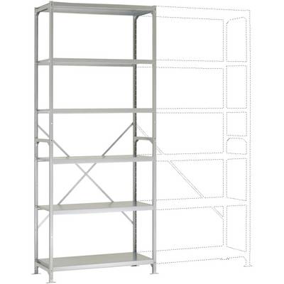 Metallregal mit fünf Ebenen, robustes Design, für Lager oder Garage geeignet. Rechts daneben gestrichelte Konturen als Erweiterungsvorschlag.