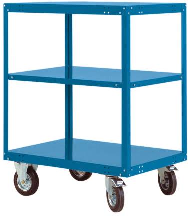 Ein blauer, rechteckiger Metallwagen mit zwei Regalböden und vier Rollen. Geeignet zum Transport von Gegenständen.