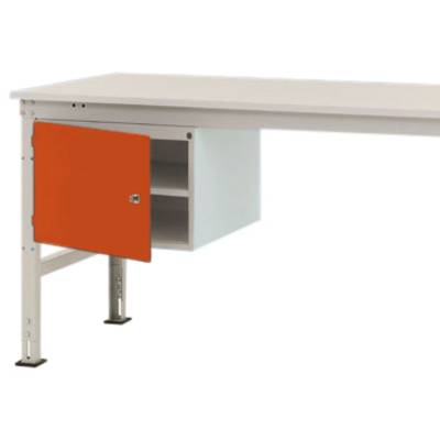 Ein weißer Tisch mit einem orangefarbenen, abschließbaren Schrank an der Seite. Der Schrank hat zwei Innenfächer.