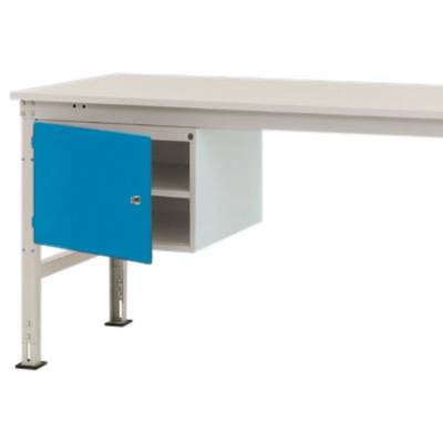 Weißer Tisch mit einem blauen Schrank an der Seite. Der Schrank hat eine offene Tür und zeigt zwei Fächer innen.