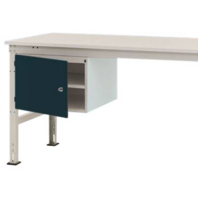 Weißer Schreibtisch mit einem blauen, geöffneten Schrank an der Seite; Schrank hat zwei Ablagefächer.