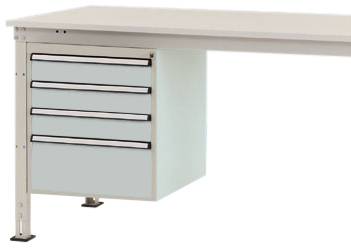 Metallischer Schubladenschrank mit vier Schubladen, unter einem weißen Tisch montiert.