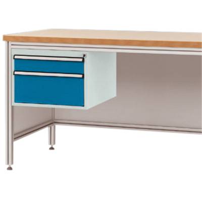 Metalltisch mit Holzplatte und zwei blauen Schubladen auf der linken Seite. Tischbeine aus Metall und justierbare Füße.
