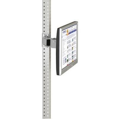 Ein Flachbildschirm ist seitlich an einer vertikalen, gelochten Metallschiene montiert und zeigt eine Webseite an.