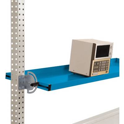 Computer auf blauem Regalbrett, montiert an metallischem Gestell.