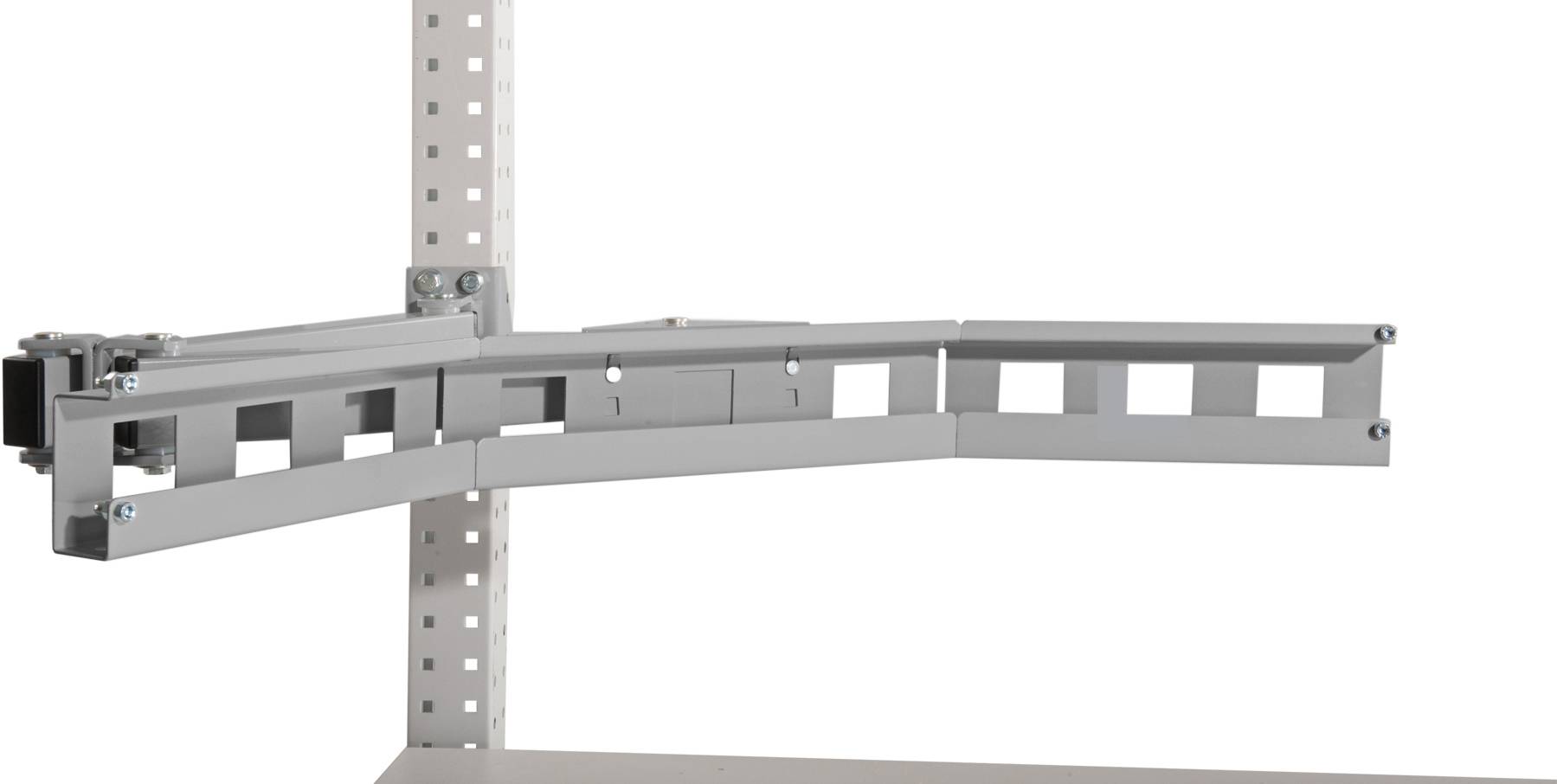 Graues Regalsystem aus Metall mit Schwenkarm zum Anbringen an einem vertikalen Streben. Ideal für flexible Lagerlösungen.