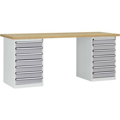 Ein Schreibtisch mit einer Holzplatte und zwei Metallkonsolen mit je fünf grauen Schubladen. Perfekt für Büro- oder Werkstattnutzung.