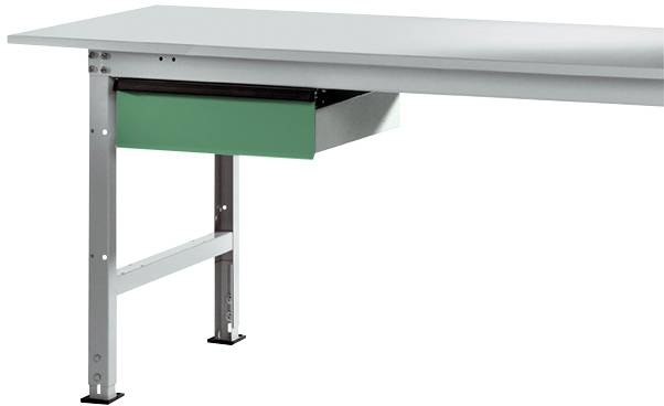 Ein Arbeitstisch mit einer grünen Schublade, die teilweise geöffnet ist. Der Tisch hat silberne Metallbeine.