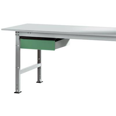 Ein Arbeitstisch mit einer grünen Schublade, die teilweise geöffnet ist. Der Tisch hat silberne Metallbeine.