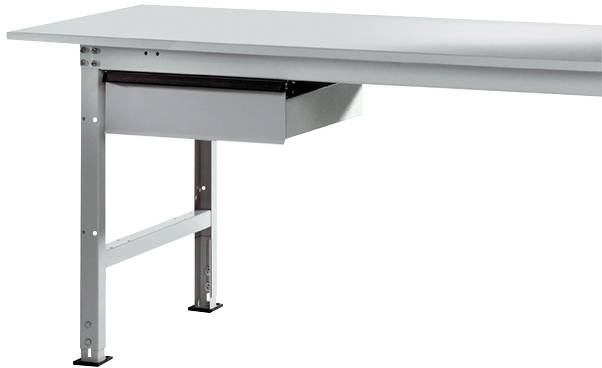Moderner Schreibtisch mit einer Schublade auf der linken Seite. Rechteckige Metallbeine stützen die weiße Tischplatte.