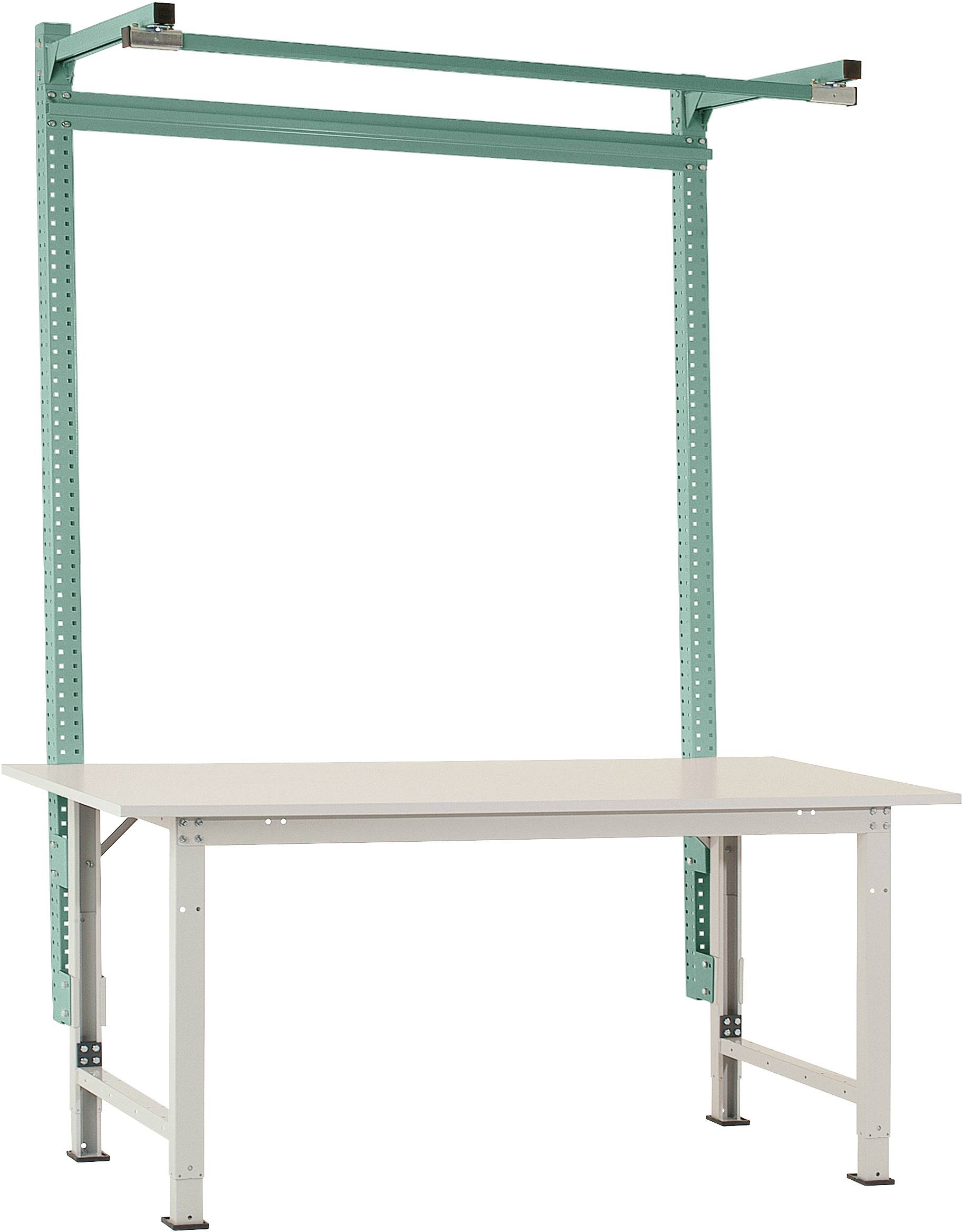 Ein höhenverstellbarer Tisch mit einer stabilen Metallrahmenkonstruktion, geeignet für Labor- oder Werkstattanwendungen.