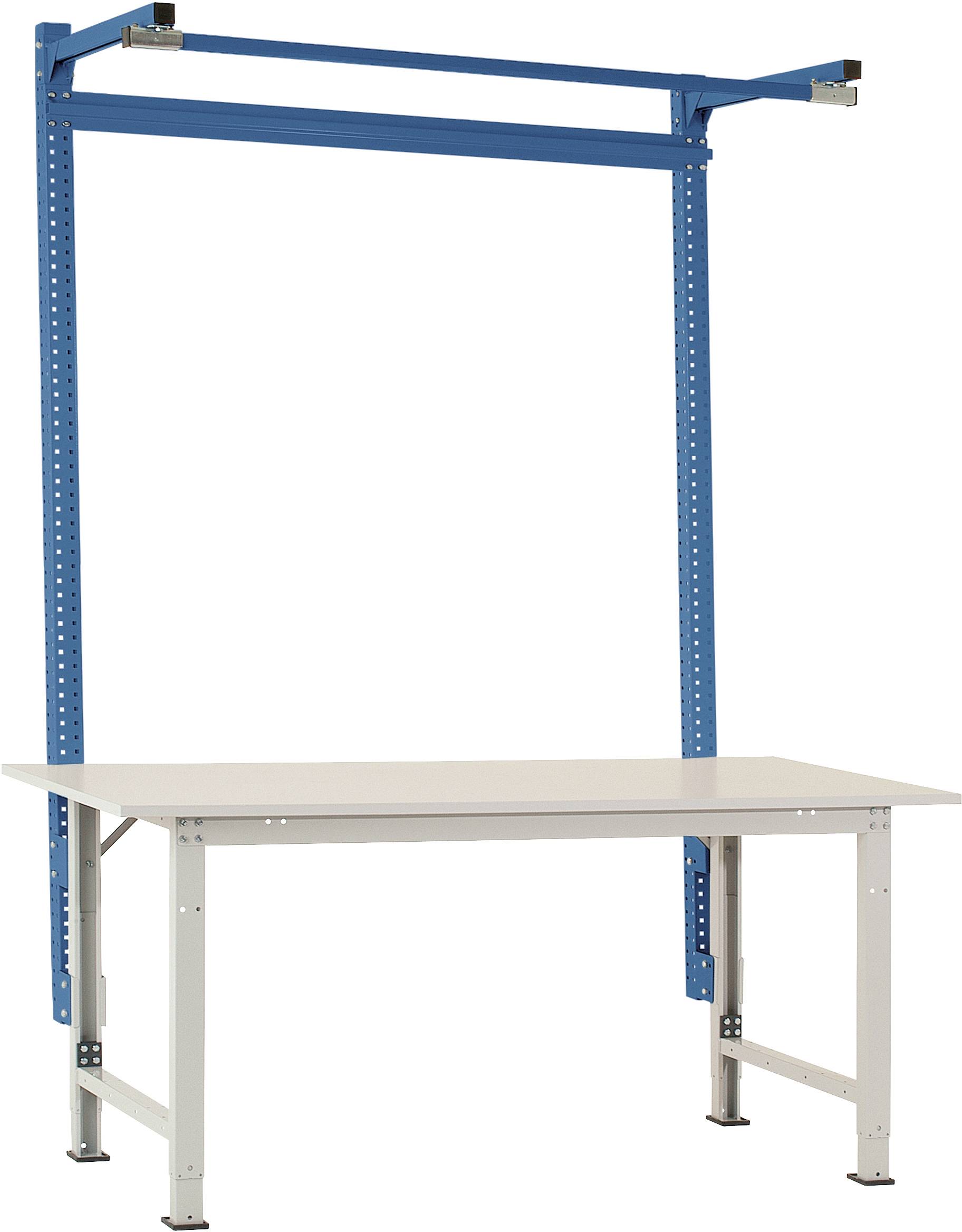 Ein höhenverstellbarer Arbeitstisch mit weißer Tischplatte und blauer Aufhängung, geeignet für Lager- oder Werkstattumgebungen.