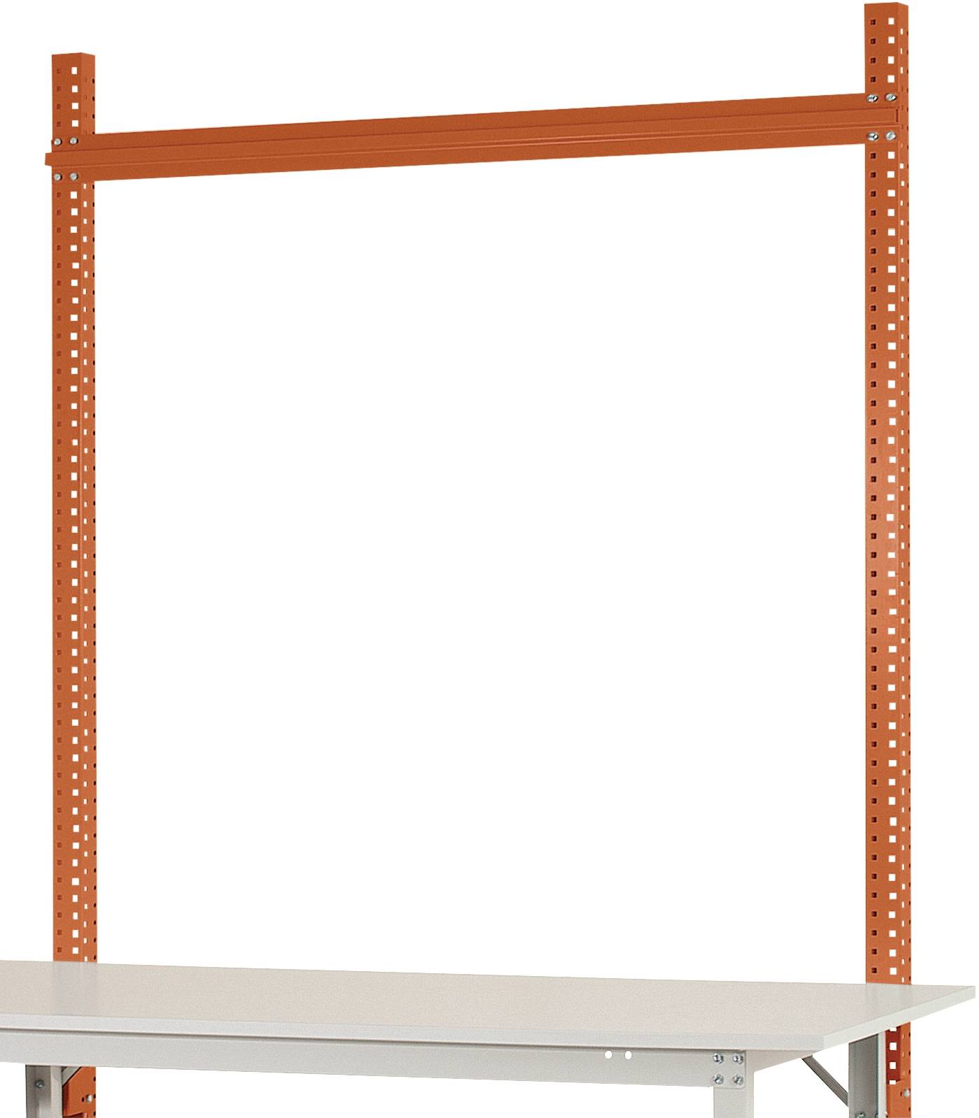 Regalaufsatz aus orangefarbenem Metall, montiert auf einem weißen Arbeitstisch; geeignet zur Organisation von Werkzeugen oder Materialien.