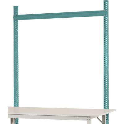 Ein Metallrahmen mit vertikalen und horizontalen Leisten in Türkis ist oberhalb eines weißen Arbeitstisches montiert.