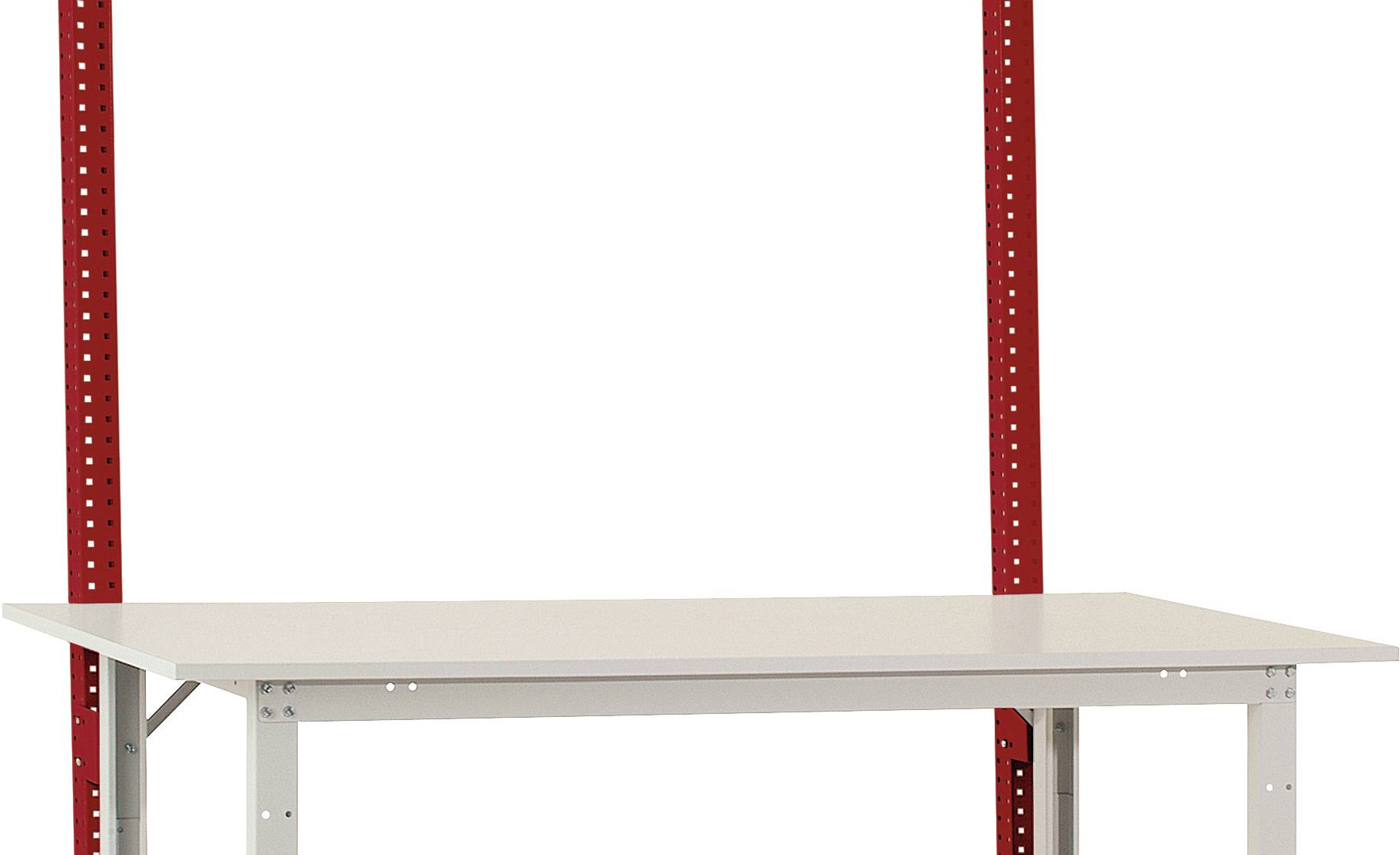 Ein stabiler Tisch mit einer weißen Platte und roten Metallbeinen. Ideal für Werkstatt- oder Büroarbeiten, bietet festen Halt.