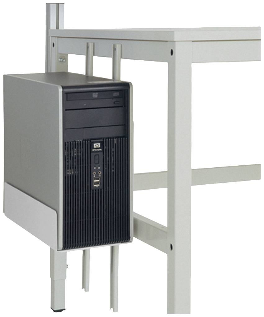 Ein Computergehäuse ist seitlich an einem Tisch befestigt. Es enthält Anschlüsse und ein CD-Laufwerk.