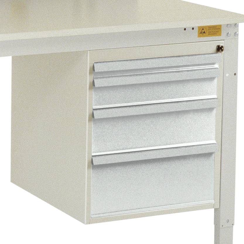 Ein weißer Tisch mit drei silbernen Schubladen an der rechten Seite, geeignet für Büro oder Werkstatt.