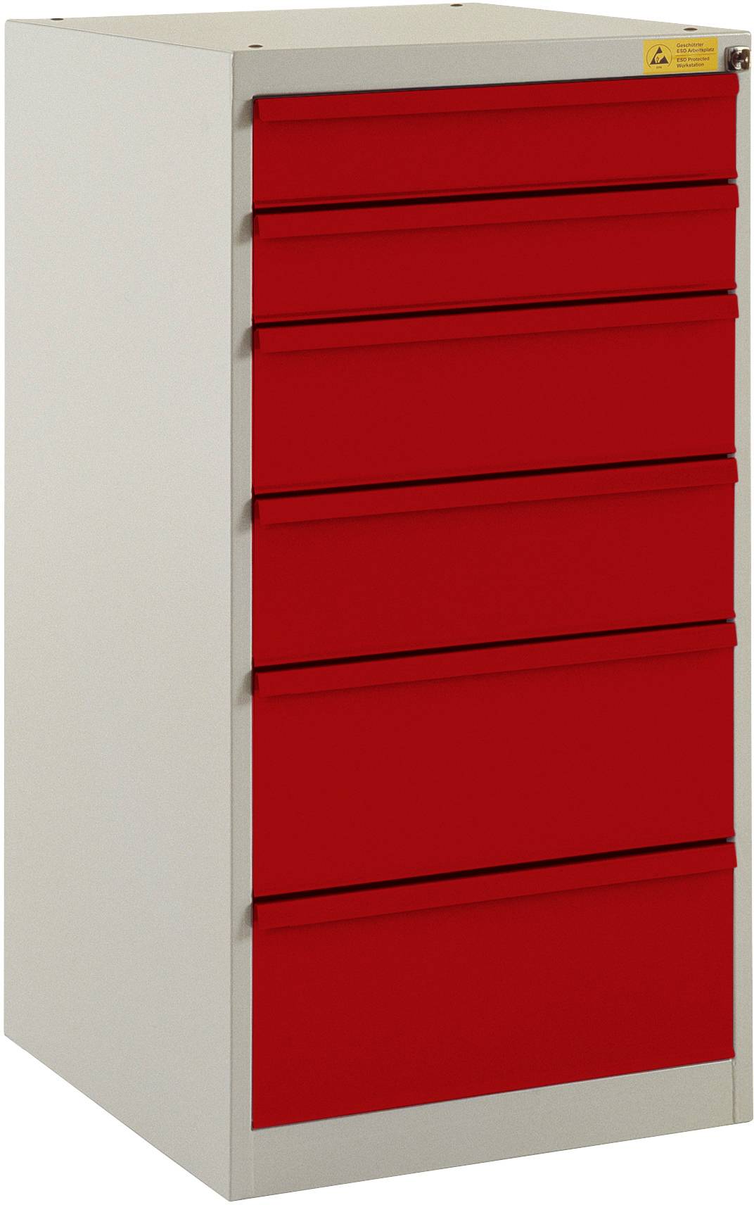 Ein hoher Aktenschrank mit sechs roten Schubladen vor einem weißen Hintergrund.