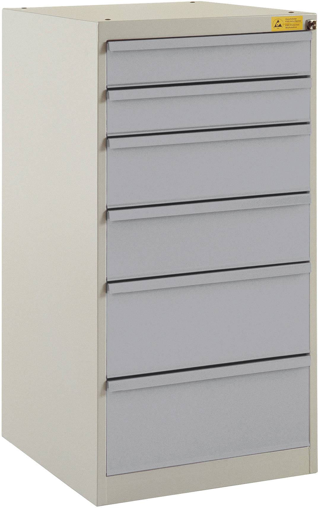 Metallener Aktenschrank mit sechs Schubladen, geeignet zur Aufbewahrung von Dokumenten. Oberer Bereich mit Warnhinweisschild.