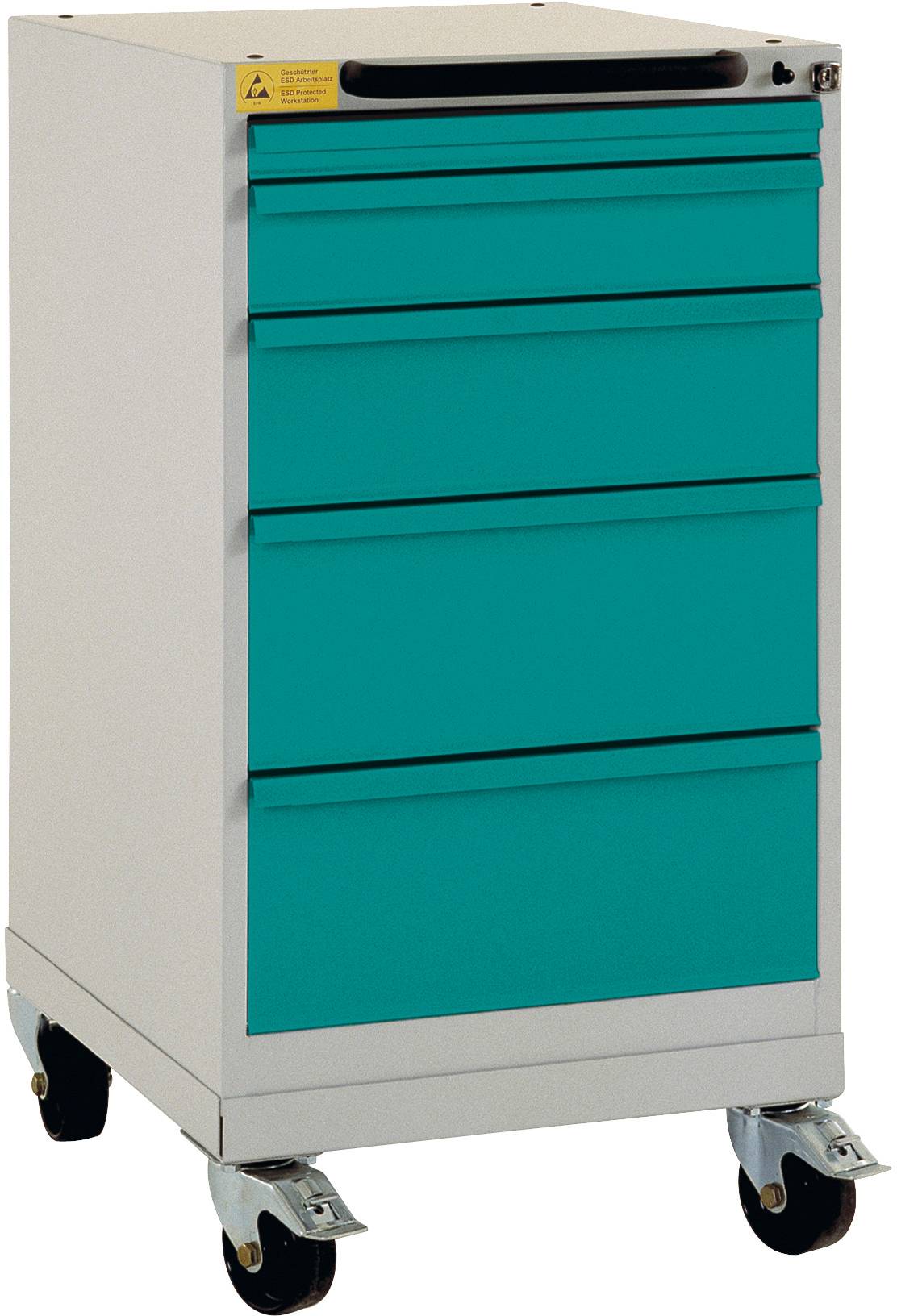 Ein weißer, mobiler Rollcontainer mit vier grünen Schubladen und schwarzen Griffen, auf Rollen stehend.