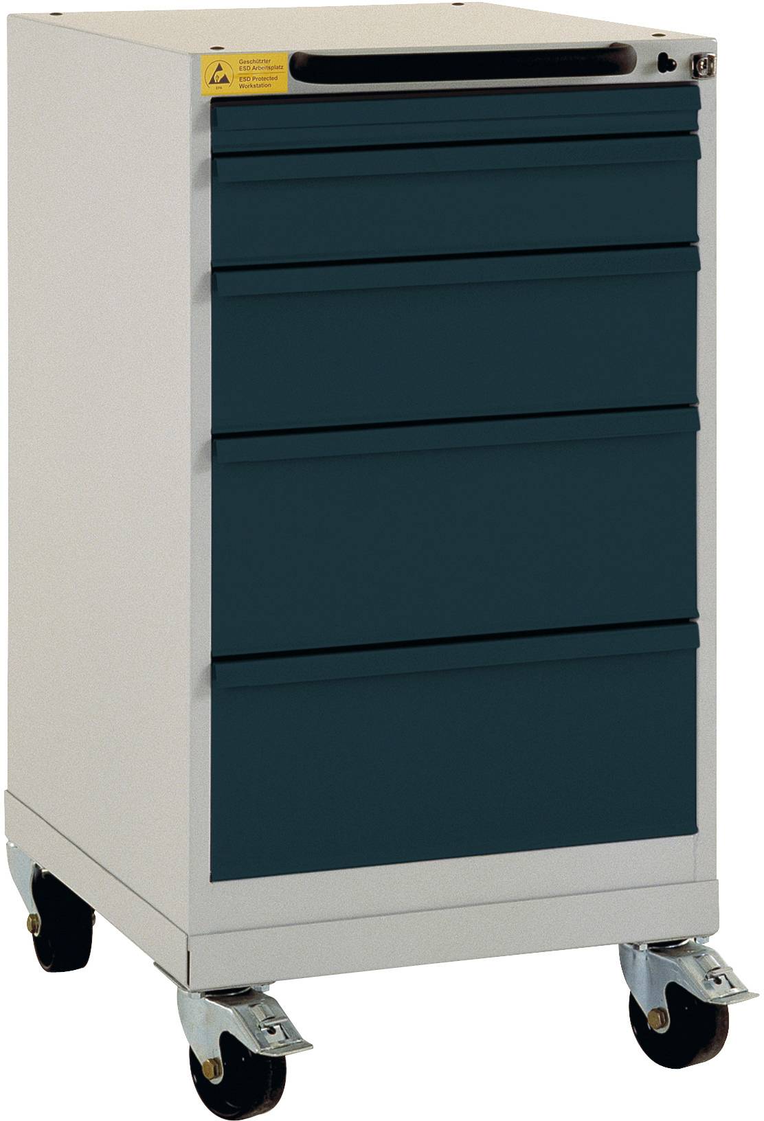 Rollcontainer mit vier Schubladen und Rollen, rechteckig, aus Metall. Schubladenfronten in dunkler Farbe, geeignet für Büroorganisation.