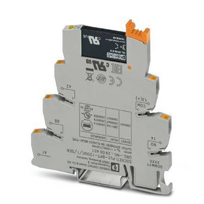 Ein graues, schlankes elektrisches Relais-Modul von Phoenix Contact mit mehreren Beschriftungen und Anschlüssen, geeignet für Schalttafeln.