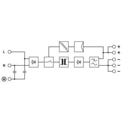 Elektronisches Schaltbild zeigt einen Wechselrichter mit Filtern und Gleichrichter. Hauptbestandteile: Dioden, Spulen, Transformator, und Filter.