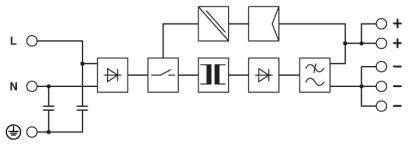 Schaltplan eines Gleichrichter-Schaltkreises: Stromquelle, Dioden, Transformator, Induktor, Kondensator, liefert positive und negative Ausgänge.