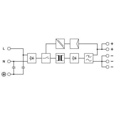 Schaltplan eines Gleichrichter-Schaltkreises: Stromquelle, Dioden, Transformator, Induktor, Kondensator, liefert positive und negative Ausgänge.