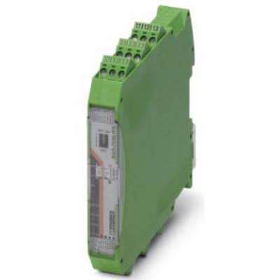 Eine grüne elektronische Schaltungskomponente mit Anschlussklemmen und beschrifteter Front, die in industriellen Anwendungen verwendet wird.