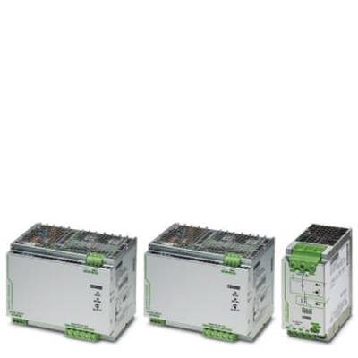 Drei industrielle Netzteile nebeneinander, mit grauem Gehäuse und grünen Anschlüssen, auf weißem Hintergrund.