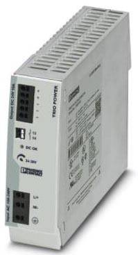 Stromversorgungseinheit in rechteckiger Form mit Anschlussklemmen und LED-Anzeigen. Aufschrift: 'Trio Power'.