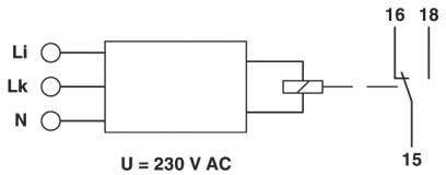 'Schaltbild eines Relais mit Spulenanschlüssen Li, Lk, N und Schaltkontakten 16, 18, 15. Beschriftung: U = 230 V AC.'