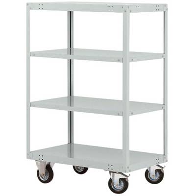 Metallregal mit vier Ebenen und Rollen, geeignet für einfachen Transport und Lagerung von Gegenständen in Arbeits- oder Lagerräumen.