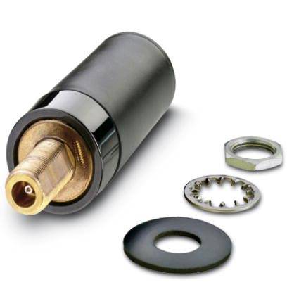 Ein schwarzer, runder Adapter mit Metallanschluss und drei Unterlegscheiben, inkl. einer gezackten und einer sechseckigen Mutter.