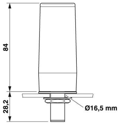 Zeichnung eines zylindrischen Teils mit einer Länge von 84 mm und einem Durchmesser von 16,5 mm, montiert auf einer Platte.