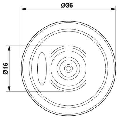 Technische Zeichnung: Draufsicht einer zylindrischen Form mit zwei Durchmessern, 36 mm außen und 16 mm innen, zeigt Details und Maßangaben.