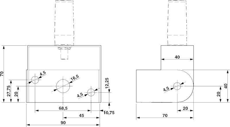 Technische Zeichnung eines Bauteils mit Abmessungen. Zeigt zwei Ansichten: oben mit 90 mm Breite, 70 mm Höhe, mehrere Bohrungen markiert.