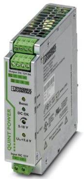 'Quint Power' Stromversorgungseinheit, silber und grün, mit mehreren Anschlussklemmen, geeignet für industrielle Anwendungen.