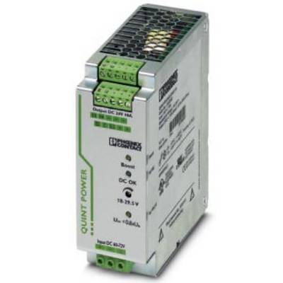 Netzteil der Marke Phoenix Contact, Modell 'QUINT POWER', mit grünem Anschlussblock oben und mehreren technischen Details.