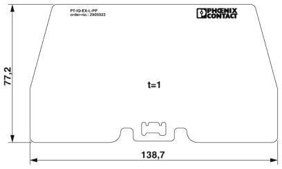 Eine technische Zeichnung zeigt eine rechteckige Kunststoffabdeckung von Phoenix Contact, Maße: 138,7 mm Breite, 77,2 mm Höhe.