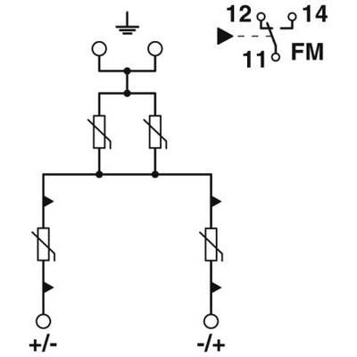 Schaltschema für eine elektrische Schaltung mit Widerständen und Dioden. Oben rechts: Umschalter zwischen '12' und '14', markiert 'FM'.