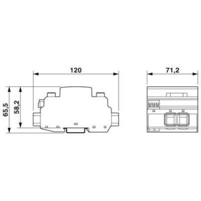 Technische Zeichnung eines elektrischen Bauteils mit Maßen: Breite 120 mm, Tiefe 71,2 mm, Höhe 65,5 mm. Zeigt Anschlüsse und Struktur.