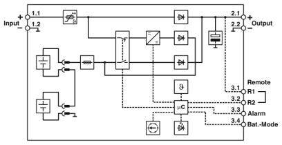 Diagramm eines elektrischen Schaltkreises mit Eingängen, Ausgängen, Transformatoren und einem Mikrocontroller zur Steuerung von Alarm und Batteriemodus.