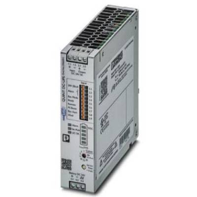 Ein graues industrielles Netzteil mit mehreren Anschlüssen und LED-Anzeigen auf der Vorderseite, wahrscheinlich für Steuerungssysteme.