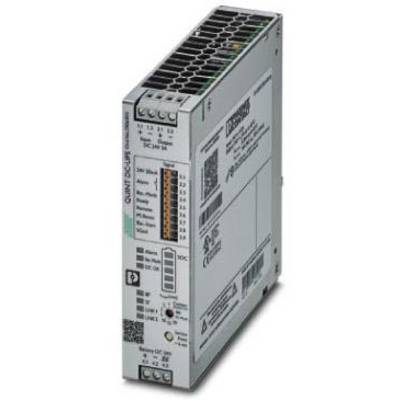Ein Schaltnetzteil mit grauem Gehäuse und Anschlüssen, Modell 'QUINT4-SYS', spezifiziert für 24 V DC und 5 A, mit CE- und EAC-Siegeln.