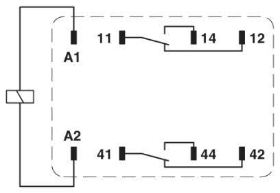 Ein Schaltplan zeigt ein Relais mit Anschlüssen A1, A2, 11, 12, 14, 41, 42 und 44. Die Stromkreise und Schalterpositionen sind dargestellt.